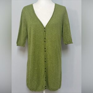 Eileen Fisher Women’s Linen Cotton‎ Short Sleeve Green Button Front Sweater Sz M